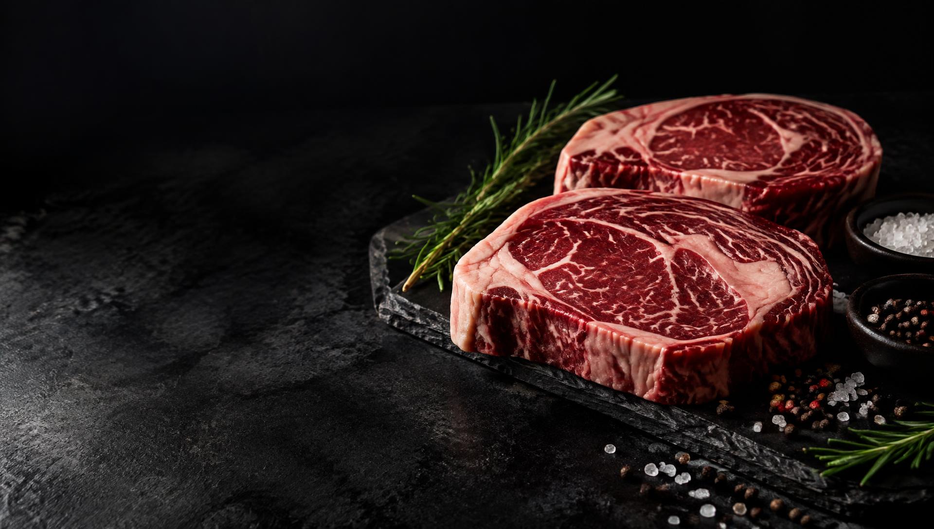 Marbled Wagyu ribeye steaks on slate